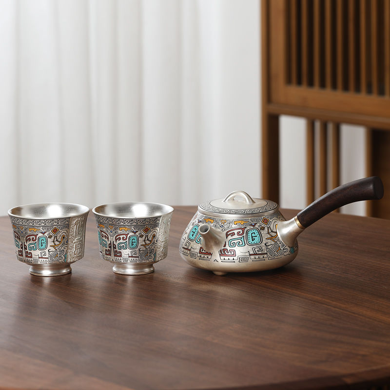 Luxurious 999 Silver Tea Set - Elegant Taotie Design, Perfect Gift