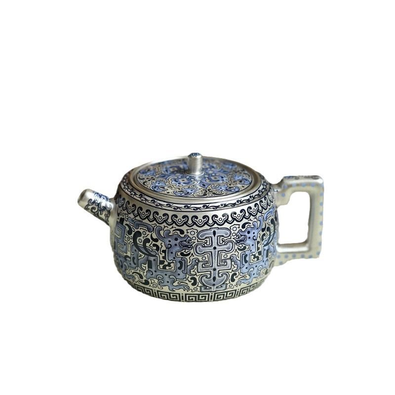 High-End Handcrafted Silver-Plated Teapot Set - Exquisite Gift with Gold & Silver Inlay