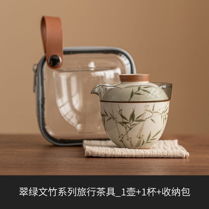 Hand-Painted Green Bamboo Travel Tea Set - Portable, Elegant, and Durable