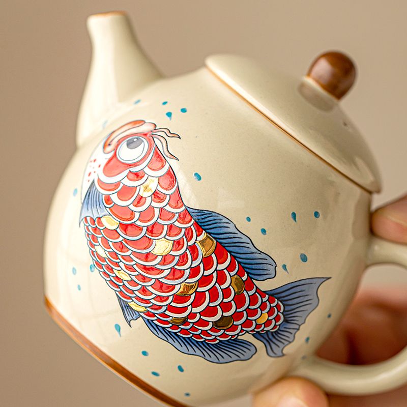 Handcrafted Ash Glaze Gold Dragonfish Teapot - Elegant and Durable Ceramic Teaware