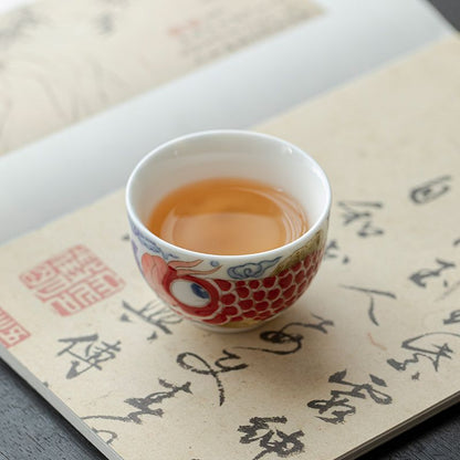 Exquisite "Sheep Fat Jade" Double Dragon Fish Tea Cup - Perfect Harmony in Every Sip