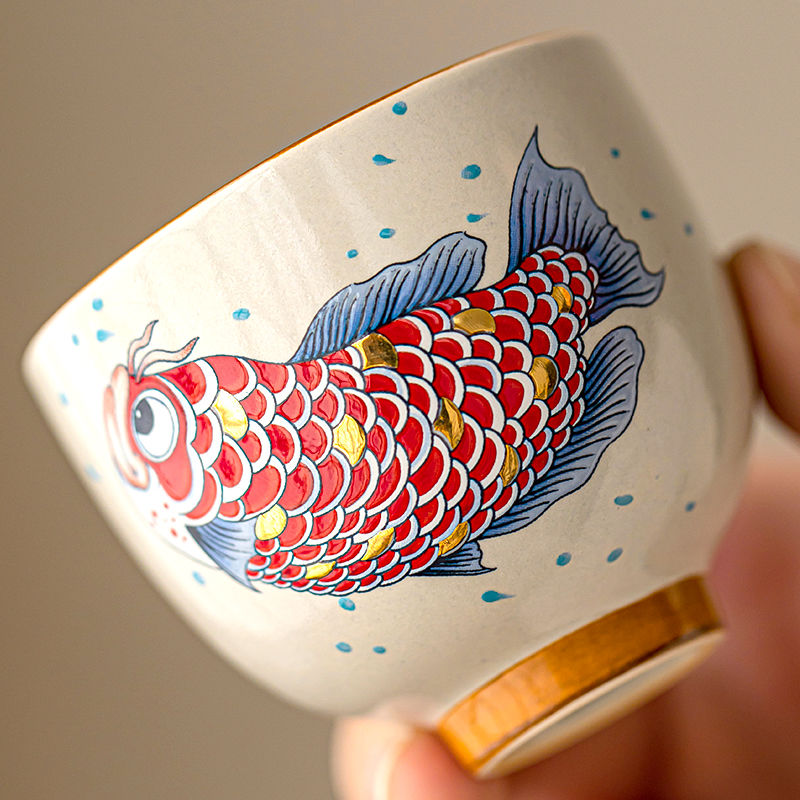 Golden Jade Prosperity Dragon Fish Teacup: Handcrafted Ceramic Luxury with Gold Detailing