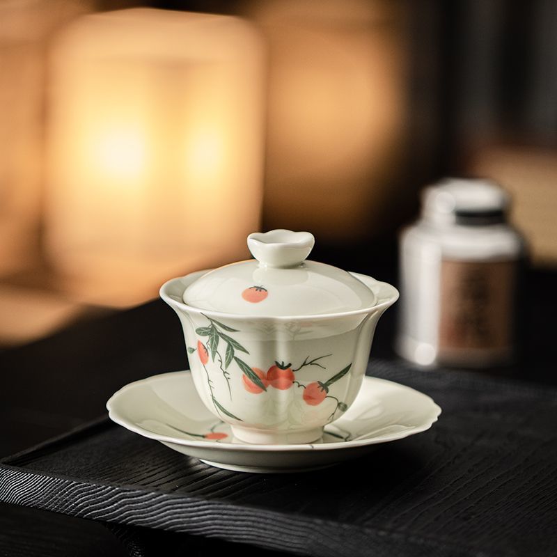 Luxurious Shishi Ruyi Hand-Painted Porcelain Gaiwan - Elevate Your Tea Rituals