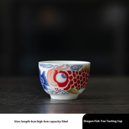 Exquisite "Sheep Fat Jade" Double Dragon Fish Tea Cup - Perfect Harmony in Every Sip