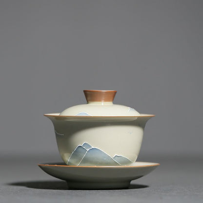 Embossed Far Mountain Cover Bowl - Elevate Your Tea Experience with Serenity and Style