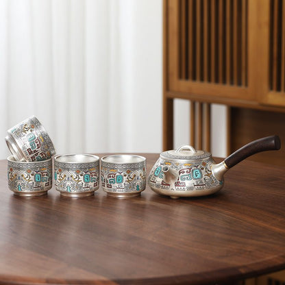 Luxurious 999 Silver Tea Set - Elegant Taotie Design, Perfect Gift