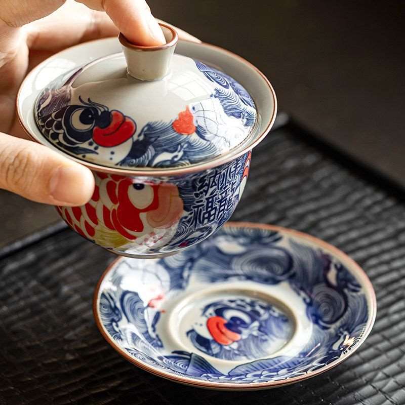 Antique Blue and White Dragon Fish Gaiwan - Elegant Ceramic Tea Set