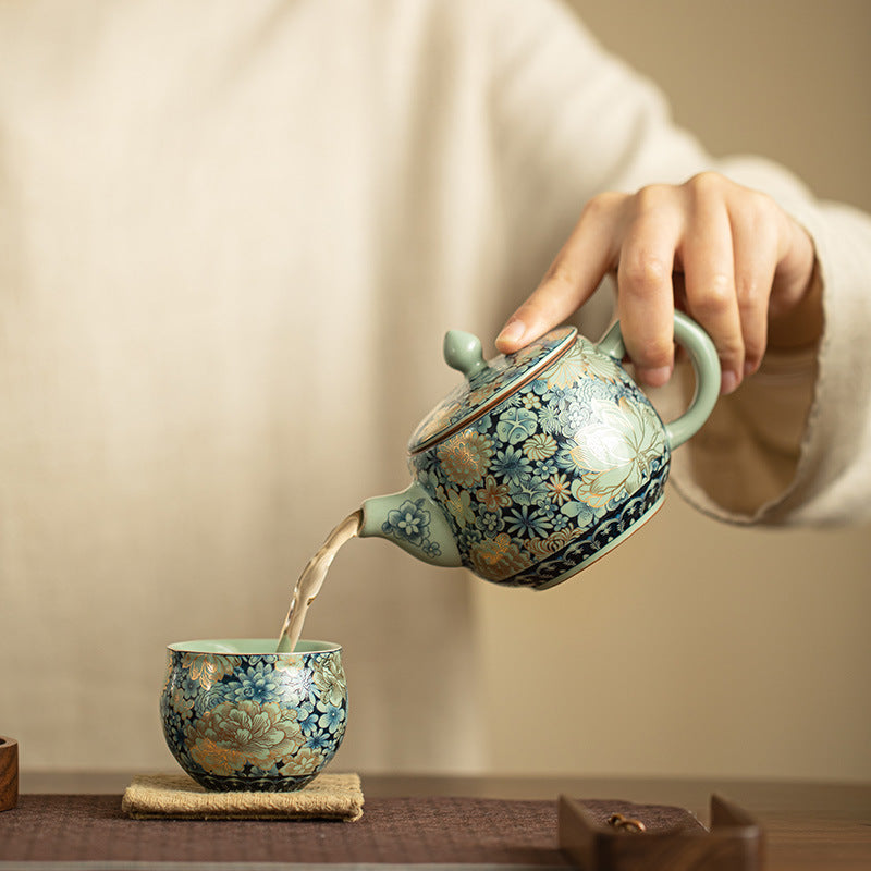 Luxurious Jingdezhen Ru Kiln Tea Set with Gold Inlays - Elegant Song Dynasty Design