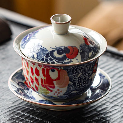 Antique Blue and White Dragon Fish Gaiwan - Elegant Ceramic Tea Set