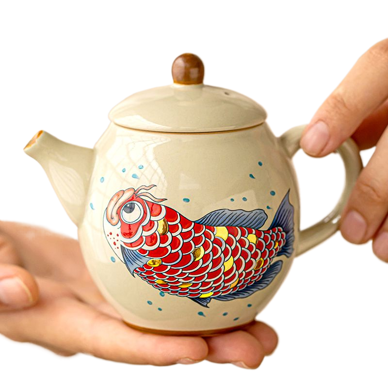 Handcrafted Ash Glaze Gold Dragonfish Teapot - Elegant and Durable Ceramic Teaware