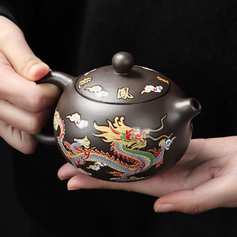 Dragon and Phoenix Purple Clay Teapot Set - Interactive Color Changing Design