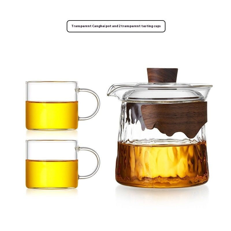 Premium heat-resistant glass tea set with built-in filter and wooden handle