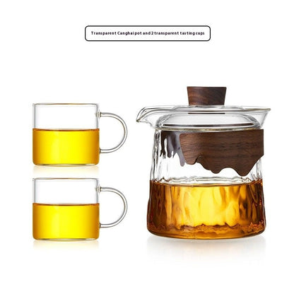 Premium heat-resistant glass tea set with built-in filter and wooden handle