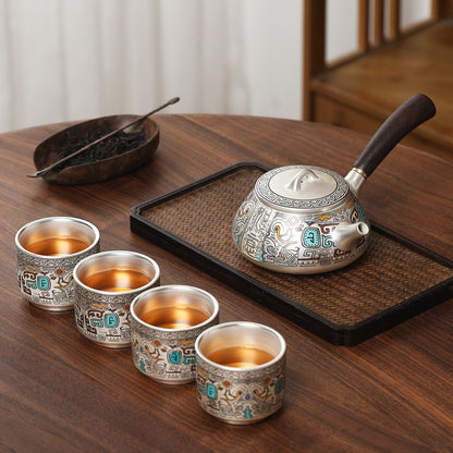 Luxurious 999 Silver Tea Set - Elegant Taotie Design, Perfect Gift