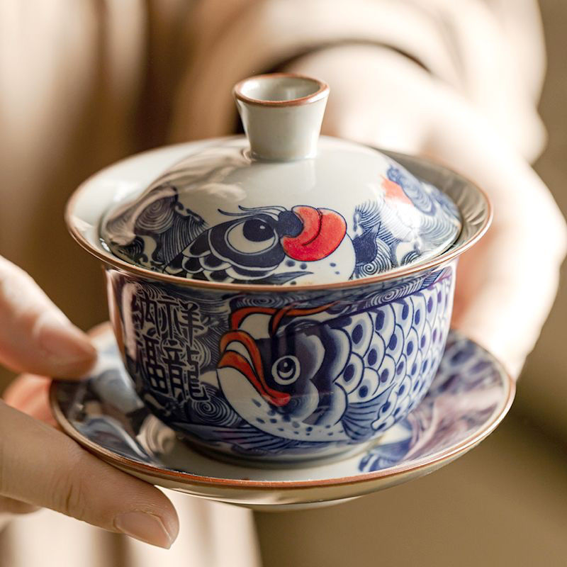 Antique Blue and White Dragon Fish Gaiwan - Elegant Ceramic Tea Set