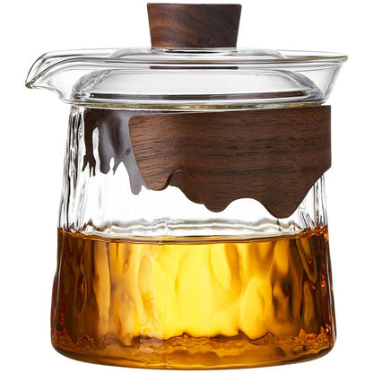 Premium heat-resistant glass tea set with built-in filter and wooden handle