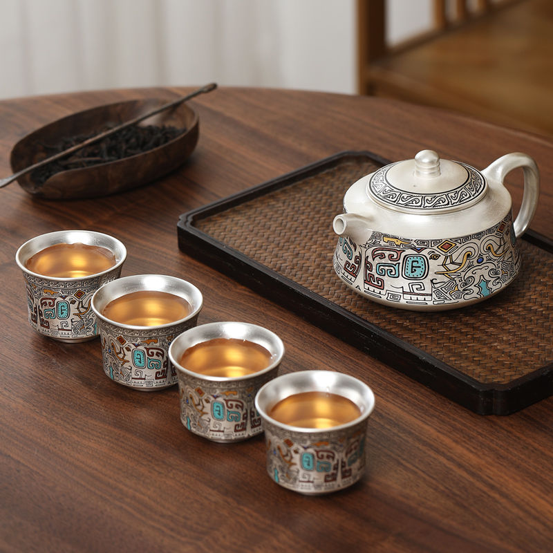 Luxurious 999 Silver Tea Set - Elegant Taotie Design, Perfect Gift