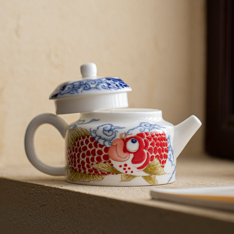 Handcrafted Yangzhi Jade Golden Fish Porcelain Teapot - 220ml Luxury